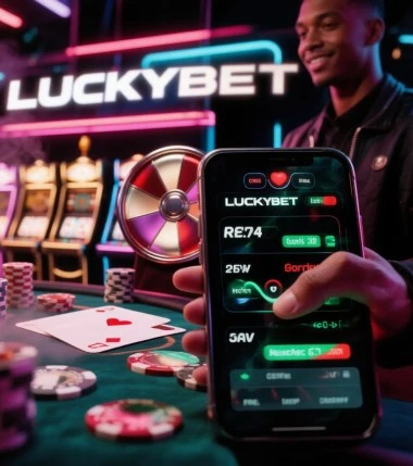 LuckyBet account open on a smartphone next to casino chips and a roulette wheel